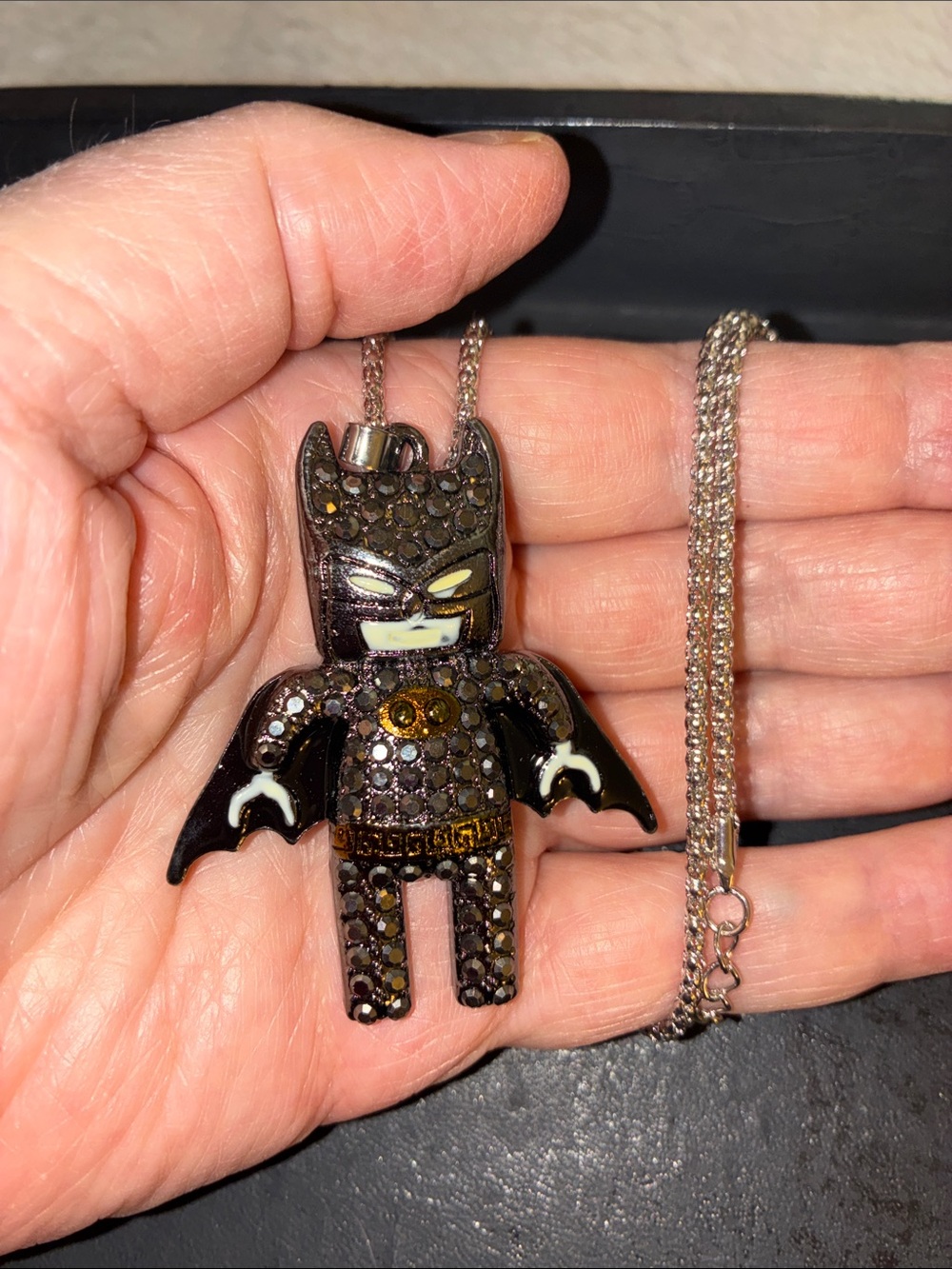 Black Crystal Batman Pendant Necklace with Chain